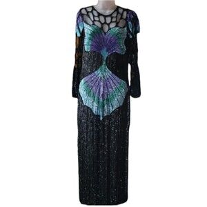 Vintage 80s Silk Sequin Peacock Butterfly Evening Gown Maxi Dress